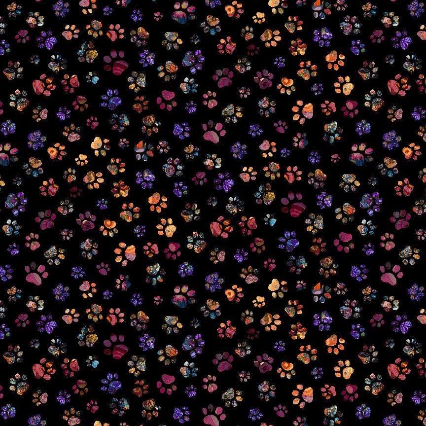 Calico Cat Floral Paw Prints by Timeless Treasures CD4115 Black sold by the 1/2 yd.